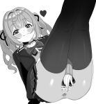  1girl ahoge anus bar_censor between_legs black_choker blush bow bowtie cardigan censored choker closed_mouth covering covering_crotch dngm dot_nose fingernails greyscale hair_ribbon hand_between_legs heart hoshikawa_sara hoshikawa_sara_(4th_costume) legs_up long_hair long_sleeves looking_at_viewer monochrome nijisanji no_panties official_alternate_costume plaid plaid_skirt pleated_skirt pussy ribbon school_uniform shirt skindentation skirt smile solo thighhighs twintails virtual_youtuber 