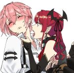  2girls alternate_costume bat_hair_ornament black_gloves blush bridal_gauntlets earrings fingerless_gloves gloves hair_ornament hololive houshou_marine jewelry karakr_shin multiple_girls open_mouth pink_hair pointy_ears red_eyes red_hair sharp_teeth takane_lui teeth tongue twintails vampire yuri 