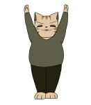  3_toes anthro barefoot bottomwear clothing confident domestic_cat enigi09 exercise eyes_closed feet felid feline felis kainushi-san long_sleeves male mammal open_mouth overweight overweight_male pants pose raised_arms shirt simple_background smug solo toes topwear whiskers white_background 