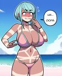  1girl @_@ beach blue_hair blue_sky breasts cloud commentary cowboy_shot english_commentary flying_sweatdrops groin highres huge_breasts jam-orbital navel ocean original pink_eyes pink_nails revealing_tanlines short_hair_with_long_locks sky solo sweat tan tanlines 
