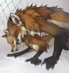  all_fours anthro black_nose bodily_fluids breasts canid canine chain-link_fence duo eyes_closed female fence fox fur genital_fluids gloves_(marking) hioshiru male male/female mammal markings nipples nude orange_body orange_fur snow whiskers 