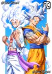  2boys artist_name blue_sash blue_shirt blue_wristband clenched_hand closed_mouth crossover dougi dragon_ball dragon_ball_super eastblue_95 gear_fifth highres looking_at_viewer male_focus monkey_d._luffy multiple_boys muscular muscular_male one_piece orange_robe pectorals robe sash scar scar_on_cheek scar_on_chest scar_on_face shirt short_hair short_sleeves signature smile son_goku spiked_hair super_saiyan teeth torn torn_clothes ultra_instinct white_hair 
