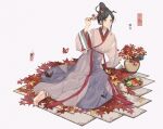  1girl absurdres anata_no_utahime_(lzr13708949567) anklet apple barefoot black_butterfly black_hair blue_butterfly bowl bracelet branch bug butterfly chinese_clothes closed_mouth comb earrings fingernails food fruit grapes green_apple green_eyes green_nails hand_up hanfu highres holding holding_branch jewelry leaf long_sleeves looking_at_viewer maple_leaf nail_polish on_floor orange_butterfly original red_apple short_hair_with_long_locks sidelocks simple_background sitting slit_pupils smile solo stud_earrings toenail_polish toenails watermelon watermelon_slice white_background wide_sleeves yokozuwari 