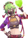  1girl black_shirt commentary_request crop_top cropped_jacket dendro_core_(genshin_impact) genshin_impact green_hair hand_on_own_hip hand_up highres holding jacket kuki_shinobu long_sleeves looking_at_viewer mask midriff mouth_mask navel open_clothes open_jacket purple_eyes purple_jacket s_c_k shirt sleeveless sleeveless_shirt solo stomach upper_body 
