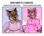  1boy animal_ears big_bad_wolf big_bad_wolf_(grimm) brown_eyes crossdressing draw_fanart_challenge dress english_text fluchinick furry furry_male green_eyes highres long_sleeves looking_at_viewer male_focus official_style open_mouth pink_dress pink_headwear polka_dot polka_dot_dress polka_dot_headwear shrek_(series) smile wolf wolf_boy wolf_ears wolf_paws 