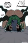  1girl ass bed black_dress breasts cellphone curly_hair dress english_text eruvessel green_hair high_heels long_sleeves lying no_panties one-punch_man phone saitama_(one-punch_man) sexting short_hair sparkle speech_bubble tatsumaki top-down_bottom-up 