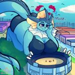  1:1 absurd_res anthro big_breasts breasts city cityscape clothed clothing digital_media_(artwork) dynamax eeveelution english_text female generation_1_pokemon hi_res macro male mammal micro nagifur nintendo open_mouth pokemon pokemon_(species) size_difference smaller_male solo swimwear text topwear vaporeon 