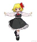  1girl black_footwear black_skirt black_vest blonde_hair collared_shirt commentary flat_chest frilled_skirt frills full_body hair_ribbon highres long_sleeves mary_janes medium_hair open_mouth outstretched_arms phagic red_eyes red_ribbon ribbon rumia shirt shoes simple_background skirt smile socks solo spread_arms symbol-only_commentary touhou vest weibo_username white_background white_shirt white_socks 