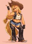  anthro anthrofied applejack_(mlp) belt blonde_hair boots bottomwear breasts chaps cleavage clothed clothing cowboy_hat cross cross_necklace cutoffs denim denim_clothing ear_piercing ear_ring earth_pony equid equine female fingerless_gloves footwear friendship_is_magic gloves green_eyes hair handwear hasbro hat headgear headwear hi_res horse jewelry long_hair mammal midriff my_little_pony navel necklace piercing pink_background pony redustheriotact ring_piercing shirt shorts simple_background solo spurs standing t-shirt tied_hair topwear vest 