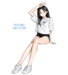  1girl arm_up bare_legs black_hair black_shorts bright_pupils heart heart-shaped_pupils highres invisible_chair legs long_hair looking_at_viewer original print_shirt rinotuna shirt shoes short_sleeves shorts sitting solo symbol-shaped_pupils v white_footwear white_pupils white_shirt 