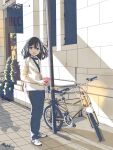  1girl :d artist_name asuka_(pixiv82529874) backpack bag bicycle black_hair black_pants bush day highres holding holding_phone looking_at_viewer original outdoors pants phone shadow shirt shoes smile sneakers standing white_shirt 