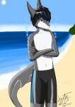  absurd_res anthro black_hair blue_eyes cetacean clothed clothing dolphin fin grey_body hair hi_res invalid_tag kaito_(kaitoaoi_0120) kaitoaoi_0120 male mammal marine seaside solo swiming_trunks tail tail_fin toothed_whale topless topless_male white_body 