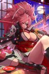  absurdres baiken big_hair black_kimono eyepatch facial_tattoo full_moon guilty_gear highres japanese_clothes kataginu katana kimono kunimaki_(szxo7vln2nssgce) long_hair looking_at_viewer moon multicolored_clothes multicolored_kimono obi one-eyed pink_eyes pink_hair sandals sash scar scar_across_eye scar_on_face sheath sheathed sitting sword tattoo weapon white_kimono 