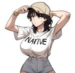  1girl absurdres arms_up baseball_cap black_hair breasts character_request clothes_writing commentary_request copyright_request gigle grey_eyes grey_shorts hat highres large_breasts shirt short_hair short_shorts shorts solo upper_body white_shirt 