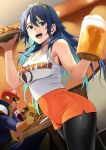  1boy 1girl :d alcohol alternate_costume bare_shoulders beer beer_mug black_pantyhose blue_eyes blue_hair blush breasts burger captain_falcon cleavage cup eating f-zero fire_emblem fire_emblem_awakening food french_fries gloves hair_between_eyes helmet highres holding holding_cup holding_food hooters indoors izawa_(bhive003) large_breasts long_hair looking_at_viewer lucina_(fire_emblem) mug orange_shorts pantyhose shiny_clothes shirt shorts smile super_smash_bros. table teeth tiara tongue upper_teeth_only waitress white_shirt 