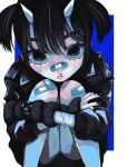  1girl bandaid bandaid_on_face bandaid_on_knee bandaid_on_leg bandaid_on_nose bare_legs black_eyes black_hair black_jacket black_nails blood blue_background blue_blood border closed_mouth cuts ear_piercing feet_out_of_frame highres horns hugging_own_legs injury jacket looking_at_viewer nail_polish nosebleed original outside_border piercing self_harm short_hair short_twintails simple_background sleeves_past_elbows solo squatting twintails urokogaran white_border 