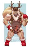  anthro antlers balls bell bell_harness biceps bodily_fluids boots brown_hair candy candy_cane christmas clothing deer dessert dripping erection facial_hair food footwear gabshiba genital_fluids genitals gloves hair handwear harness hi_res holidays horn jingle_bell jingle_bell_harness legwear looking_at_viewer male mammal manly muscular muscular_anthro muscular_male muscular_thighs navel new_world_deer nipples nude pecs penis precum precum_drip pubes reindeer sack sideburns solo speech_bubble standing stockings text triceps vein veiny_penis 