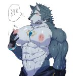  aaassstaro abs anthro big_nipples bodily_fluids breke chest_gem clothing gloves groping_chest groping_pecs handwear japanese_text jumpsuit lifewonders male muscular muscular_arms muscular_male navel nipples pecs pink_nipples skintight_bodysuit solo sweat text tokyo_afterschool_summoners translated zipper_down 