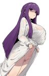  1girl absurdres blush breasts clothes_lift dress dress_lift female_pubic_hair fern_(sousou_no_frieren) highres large_breasts long_hair looking_at_viewer navel no_bra no_panties ocha_(popopogg) parted_lips pubic_hair purple_eyes purple_hair see-through shadow simple_background solo sousou_no_frieren white_background 