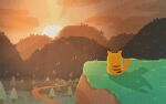  animal_focus cloud commentary_request coopoppo facing_away faux_traditional_media highres hill no_humans on_grass orange_sky pikachu pine_tree pokemon pokemon_(creature) shadow sky solo sunburst sunset trail tree 
