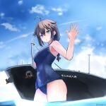  1girl absurdres ahoge black_hair blue_eyes blue_one-piece_swimsuit blue_sky braid cloud covered_navel day giant giantess hair_flaps highres kantai_collection long_hair looking_at_viewer one-piece_swimsuit outdoors school_swimsuit shigure_(kancolle) ship sigure-zzzz single_braid sky solo swimsuit wading water watercraft waving wet wet_clothes wet_swimsuit 