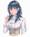  1girl 4ki_ori9 ascot blue_hair buttons byleth_(female)_(fire_emblem) byleth_(fire_emblem) commentary_request cropped_torso fingernails fire_emblem fire_emblem:_three_houses food food_in_mouth garreg_mach_monastery_uniform hair_between_eyes highres holding holding_food holding_popsicle long_hair long_sleeves official_alternate_costume popsicle popsicle_in_mouth purple_eyes shirt solo sweat uniform white_ascot white_background white_shirt 