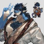  1boy abs absurdres another_eidos-r bara blue_scales body_fur chest_hair chest_tuft chibi chibi_inset dragon_boy facial_hair folker_(another_eidos) furry furry_male goatee guitar hair_over_one_eye highres holding holding_instrument instrument large_hands large_pectorals long_sideburns looking_at_viewer male_focus mature_male multiple_views muscular muscular_male neumo open_clothes pectoral_cleavage pectorals short_hair sideburns strongman_waist thick_eyebrows three-finger_salute upper_body 