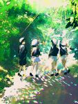  2boys 3girls black_footwear black_hair cardcaptor_sakura daidouji_tomoyo female_child forest highres kero kinomoto_sakura li_meiling li_xiaolang multiple_boys multiple_girls nature pajtawj school_uniform tomoeda_elementary_school_uniform walking white_headwear wings 