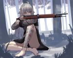  1girl absurdres ahoge bandaged_leg bandages barefoot black_panties blood blood_on_bandages bolt_action codename:_bakery_girl covered_mouth dress full_body fur-trimmed_dress fur_trim gar32 grey_dress grey_eyes grey_hair gun highres holding holding_gun holding_weapon jefuty_(bakery_girl) knee_up long_hair looking_back looking_to_the_side mosin-nagant panties rifle sitting solo tree underwear very_long_hair weapon 