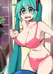  1girl absurdres alternate_breast_size aqua_hair blush bongfill bow bow_panties bra breasts cleavage collarbone electrical_outlet flustered green_eyes hair_ornament hatsune_miku highres large_breasts long_hair looking_at_viewer open_mouth panties red_bra red_panties solo sweatdrop tareme thigh_gap twintails underwear undressing very_long_hair vocaloid 
