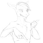  2015 akrolayn ambiguous_species anthro bust_portrait chest_tuft clothed clothing digital_media_(artwork) geodis gesture greyscale hair humanoid_hands male monochrome pointing portrait simple_background sketch smile solo topless tuft unavailable_at_source white_background 