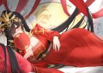  1girl azur_lane black_hair blush breasts chinese_clothes cleavage covering_mouth dress hair_ornament hair_over_one_eye hand_fan harbin_(azur_lane) harbin_(red_paeonia)_(azur_lane) heart heart-shaped_pupils highres holding holding_fan jewelry large_breasts long_hair looking_at_viewer mole mole_under_eye official_alternate_costume official_alternate_hairstyle qing_wu red_dress red_nails red_ribbon ribbon ring solo symbol-shaped_pupils very_long_hair wedding_ring yellow_eyes 
