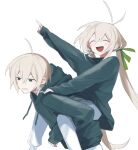  1boy 1girl ^_^ absurdres ahoge antenna_hair artist_name blonde_hair blush brother_and_sister carrying clenched_teeth closed_eyes green_jacket green_ribbon green_sweater hair_ribbon highres hood hooded_jacket jacket long_hair long_sleeves open_mouth original pants piggyback pointing pointing_up ribbon sanehara short_hair siblings simple_background smile sweater teeth twintails upper_body white_pants 
