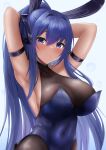  1girl :3 absurdres animal_ears arm_strap armpits arms_up azur_lane bare_shoulders blue_eyes blue_hair blue_leotard blush bodystocking breasts closed_eyes commentary covered_collarbone covered_navel cowboy_shot fake_animal_ears hair_between_eyes hair_intakes headgear highres large_breasts leotard long_hair looking_at_viewer new_jersey_(azur_lane) new_jersey_(exhilarating_steps!)_(azur_lane) official_alternate_costume playboy_bunny rabbit_ears ryara see-through_cleavage sidelocks skindentation smile solo standing strapless strapless_leotard very_long_hair 