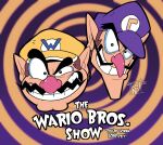  2boys big_nose clenched_teeth datoonie english_commentary english_text facial_hair hat looking_at_viewer male_focus mario_(series) multiple_boys mustache pointy_ears raised_eyebrows spiral_background teeth waluigi wario 