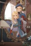  1boy 1girl absurdres blonde_hair blue_headwear circlet cutting_hair green_eyes highres holding holding_scissors indoors link mirror molianmengdada painting_(object) pointy_ears princess_zelda reflection royal_guard_set_(zelda) scissors silent_princess the_legend_of_zelda the_legend_of_zelda:_tears_of_the_kingdom 