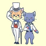  2018 2boys black_fur bow bowtie cane chibi colored_sclera commentary_request formal furry furry_male green_sclera hand_on_headwear hat heterochromia highres karasusho looking_at_viewer male_focus military_uniform multiple_boys neko_no_ongaeshi orange_fur pixiv_id prince_lune red_sclera simple_background standing suit the_baron top_hat uniform white_suit 