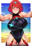  1girl artist_name bakkanki bare_arms bare_shoulders black_one-piece_swimsuit blue_sky commission competition_swimsuit cowboy_shot dusk highres one-piece_swimsuit outstretched_arms pyra_(pro_swimmer)_(xenoblade) pyra_(xenoblade) red_eyes red_hair red_one-piece_swimsuit sample_watermark skeb_commission sky solo swept_bangs swimsuit thigh_gap two-tone_swimsuit water wet wet_clothes wet_swimsuit xenoblade_chronicles_(series) xenoblade_chronicles_2 
