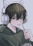  1boy black_hair blue_eyes closed_mouth grey_background hair_between_eyes headphones highres looking_at_viewer male_focus mole mole_under_eye original short_hair simple_background smile solo sosaku_25 