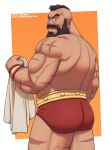  1boy ass bara baramantik forked_eyebrows from_behind full_beard highres looking_at_viewer looking_back male_focus mature_male mohawk muscular muscular_male old old_man scar_on_shoulder short_hair solo standing street_fighter street_fighter_6 strongman_waist thick_beard thick_mustache thick_thighs thighs topless_male two-tone_background veins veiny_face veiny_thighs wrinkled_skin zangief 