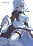  1girl apron black_dress breasts dress expressionless frilled_apron frills green_eyes holding holding_knife holster knife large_breasts long_sleeves looking_at_viewer maid maid_apron maid_headdress original puffy_long_sleeves puffy_sleeves ringed_eyes shiro_maru short_hair simple_background solo thigh_holster thigh_strap thighhighs white_apron white_background white_hair white_thighhighs yellow_eyes 