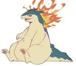  abakphoon anthro barefoot belly blue_body blue_fur claws digital_media_(artwork) feet fire flaming_hair flaming_mane fluffy fluffy_tail fur generation_2_pokemon hi_res looking_at_viewer nintendo open_mouth overweight overweight_anthro pawpads paws pokemon pokemon_(species) pseudo_hair pseudo_mane red_eyes simple_background sitting solo tail tan_body tan_fur teeth toe_claws toes typhlosion white_background 