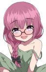  1girl :d bespectacled black-framed_eyewear black_bow blunt_bangs blush bocchi_the_rock! bow braid collarbone commentary_request dress fang glasses green_dress hair_bow hair_over_shoulder halulu highres hiroi_kikuri knees_up long_hair looking_at_viewer low-braided_long_hair open_mouth purple_eyes purple_hair simple_background single_braid smile solo strap_slip white_background 