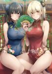  2girls :o bare_shoulders black_hair blonde_hair blue_eyes breasts bun_cover butterfly_hair_ornament china_dress chinese_clothes commentary_request covered_navel dress folding_fan gold_trim grin hair_ornament hand_fan high_heels highres holding holding_fan large_breasts medium_breasts mishiranu_joshikousei_ni_kankin_sareta_mangaka_no_hanashi multiple_girls parted_lips pelvic_curtain ryouma_(galley) short_hair side_slit sitting smile thighs yellow_eyes 