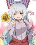  1girl blush bow collared_shirt fujiwara_no_mokou grey_hair grey_shirt hair_bow highres long_hair long_sleeves open_mouth pants ramudia_(lamyun) red_eyes red_pants shirt sleeve_garter solo spoken_squiggle squiggle suspenders touhou upper_body white_bow 