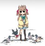  1girl ahoge ahoge_wag animal_ears bird black_eyes black_socks black_thighhighs blue_bow blue_bowtie blue_skirt bow bowtie brown_footwear brown_hair cardigan cat_ears cat_tail crumbs expressive_hair indie_virtual_youtuber loafers long_hair neuro-sama pasharuu pigeon shoes simple_background single_sock single_thighhigh skirt socks solo standing tail tail_wagging thighhighs two_side_up virtual_youtuber white_background yellow_cardigan 