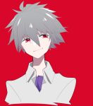  1boy closed_mouth collared_shirt cropped_torso grey_hair hair_between_eyes male_focus mzh nagisa_kaworu neon_genesis_evangelion red_background red_eyes shirt simple_background smirk solo spiked_hair upper_body white_shirt 