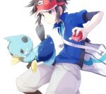  1boy bag blue_jacket bodysuit bodysuit_under_clothes brown_eyes brown_hair closed_mouth commentary_request dewott holding holding_poke_ball jacket looking_down male_focus nate_(pokemon) niimura_(csnel) pants poke_ball poke_ball_(basic) pokemon pokemon_(creature) pokemon_(game) pokemon_bw2 popped_collar red_headwear short_hair short_sleeves shoulder_bag visor_cap white_background zipper_pull_tab 