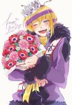  1boy akasuzu3641 blue_eyes blush bouquet flower hachin_(show_by_rock!!) highres holding holding_bouquet jacket long_sleeves looking_at_viewer male_focus multicolored_hair one_eye_closed open_mouth orange_hair pink_flower purple_hair purple_jacket red_flower sharp_teeth short_hair show_by_rock!! smile solo teeth white_background 