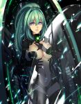  1girl absurdres artist_name black_gloves breasts choujigen_game_neptune double-parted_bangs eadgear elbow_gloves gloves green_hair green_heart_(neptunia) hair_between_eyes highres large_breasts long_hair navel neptune_(series) ponytail purple_eyes solo thighhighs thighs transparent vert_(neptunia) very_long_hair 